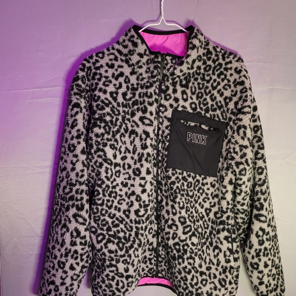 PINK Victoria's Secret Black and White Leopard Reversable Bomber Jacket
